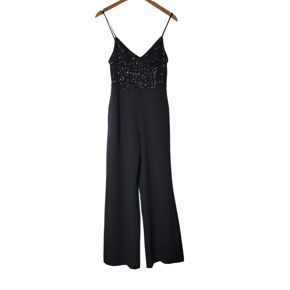 Eliza J Black Sequin Bodice Wide Leg Jumpsuit Size 4 Evening Formal Adjustable - Picture 2 of 13